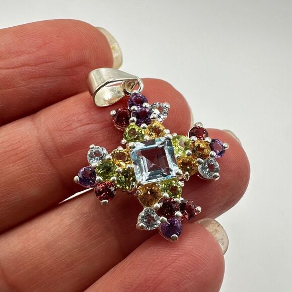 Stunning Multi-gemstone cross pendant in stamped sterling silver! - Picture 7 of 12